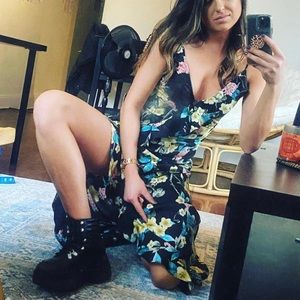 Pretty black floral satin maxi dress like new!